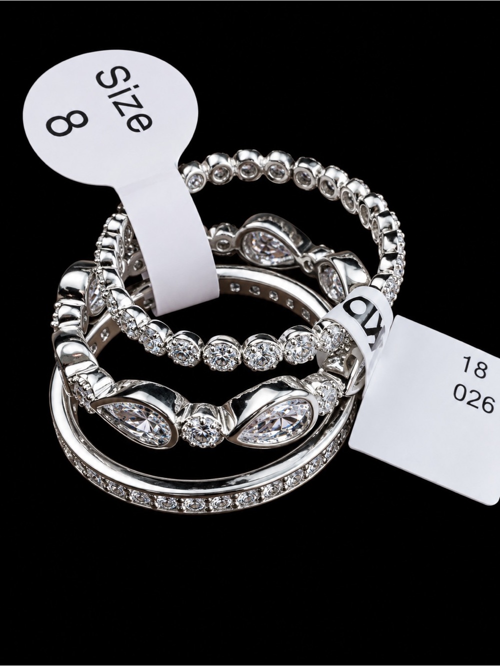 Elegant Silver-Tone Three-Band Ring Set – Sparkling Rhinestone & Teardrop Design